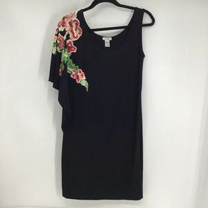 Cache’ Women’s One Sleeve Sequin Floral Black Fitted Black Dress Size Small